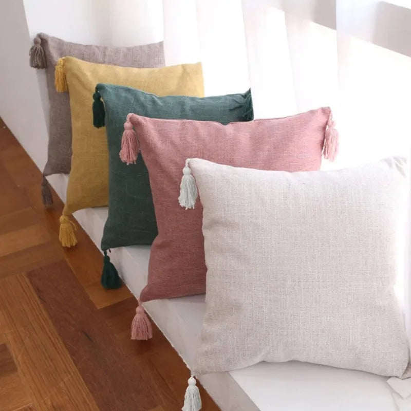 Housses coussin lin pompons — Espace cocooning & détente naturelle