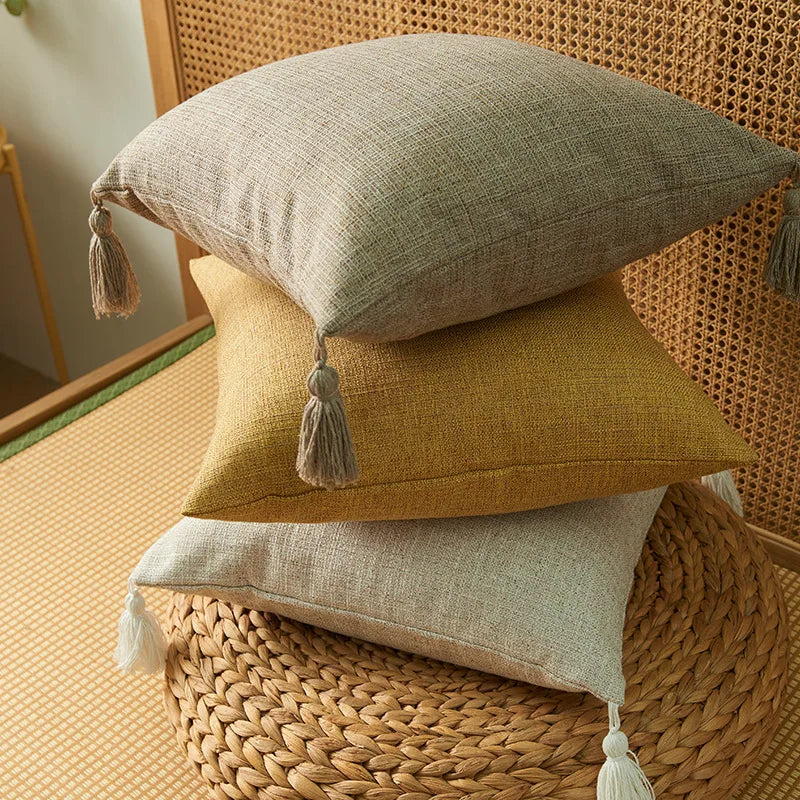 Housses coussin lin pompons — Espace cocooning & détente naturelle