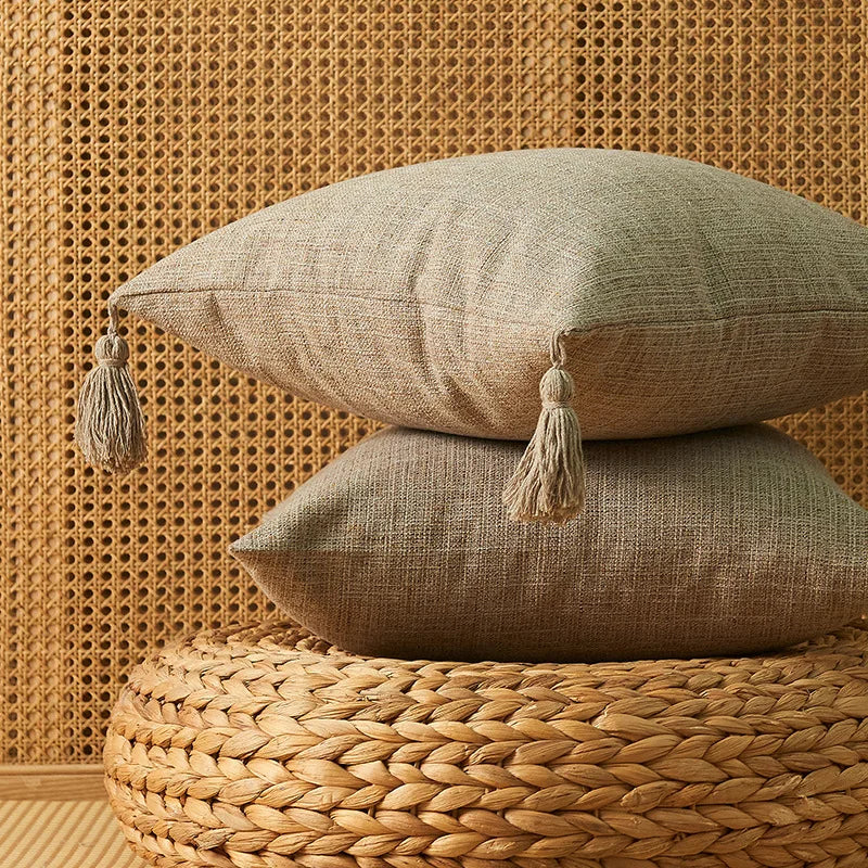 Housses coussin lin pompons — Espace cocooning & détente naturelle