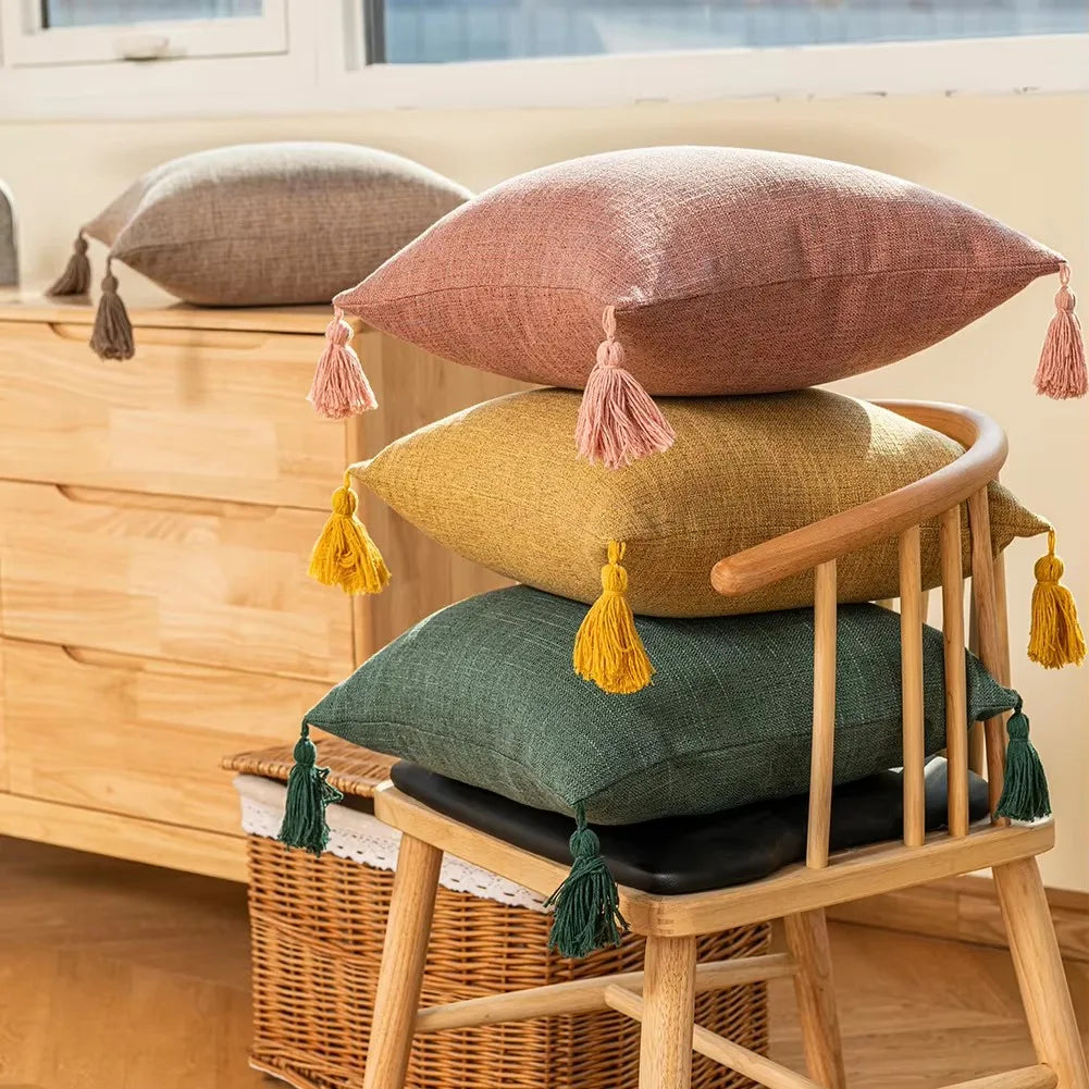 Housses coussin lin pompons — Espace cocooning & détente naturelle