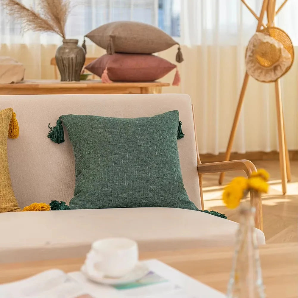 Housses coussin lin pompons — Espace cocooning & détente naturelle