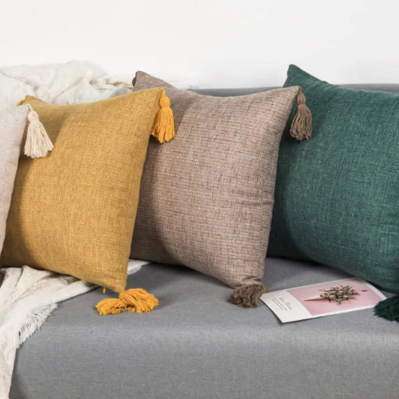 Housses coussin lin pompons — Espace cocooning & détente naturelle