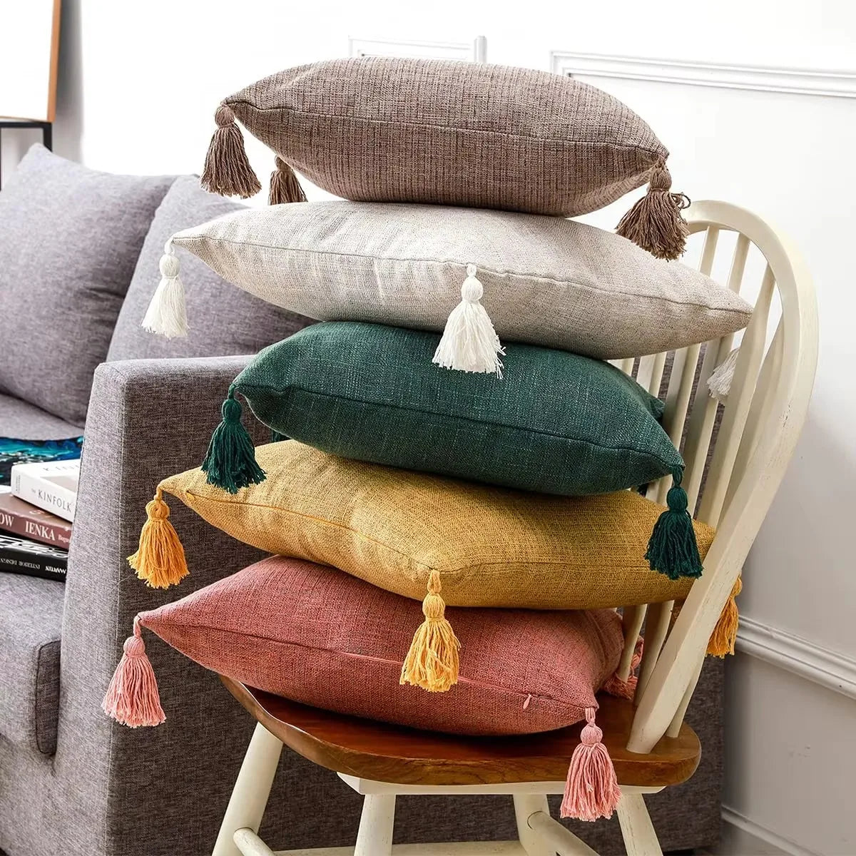 Housses coussin lin pompons — Espace cocooning & détente naturelle