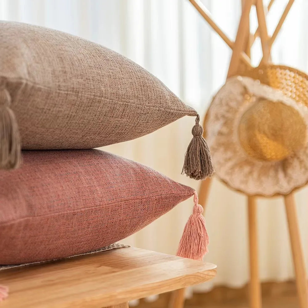 Housses coussin lin pompons — Espace cocooning & détente naturelle