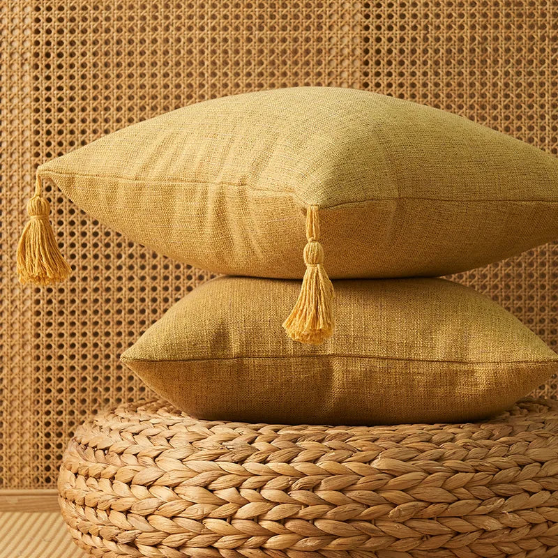 Housses coussin lin pompons — Espace cocooning & détente naturelle