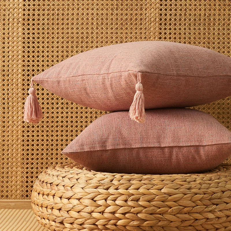 Housses coussin lin pompons — Espace cocooning & détente naturelle