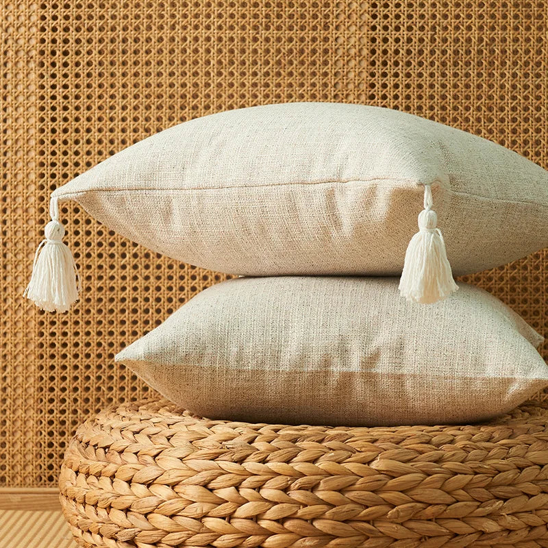 Housses coussin lin pompons — Espace cocooning & détente naturelle