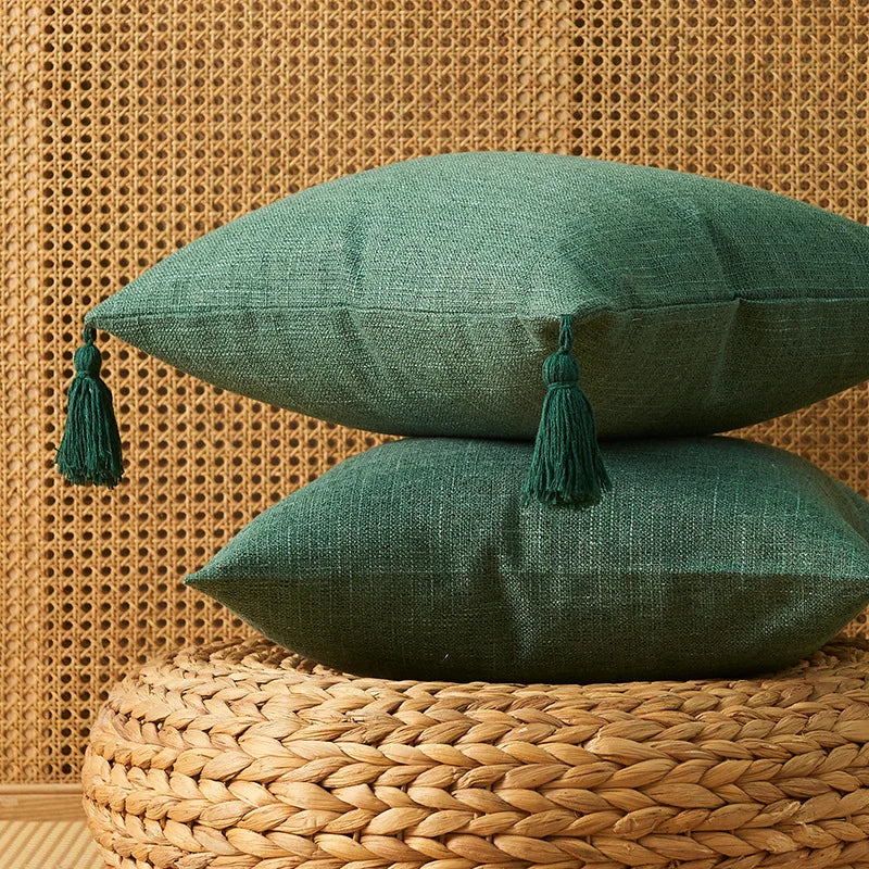 Housses coussin lin pompons — Espace cocooning & détente naturelle